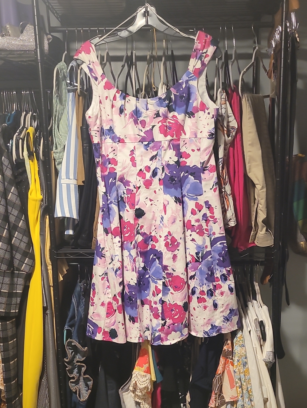 Dress Barn White Midi Dress with Pink & Purple Floral Print